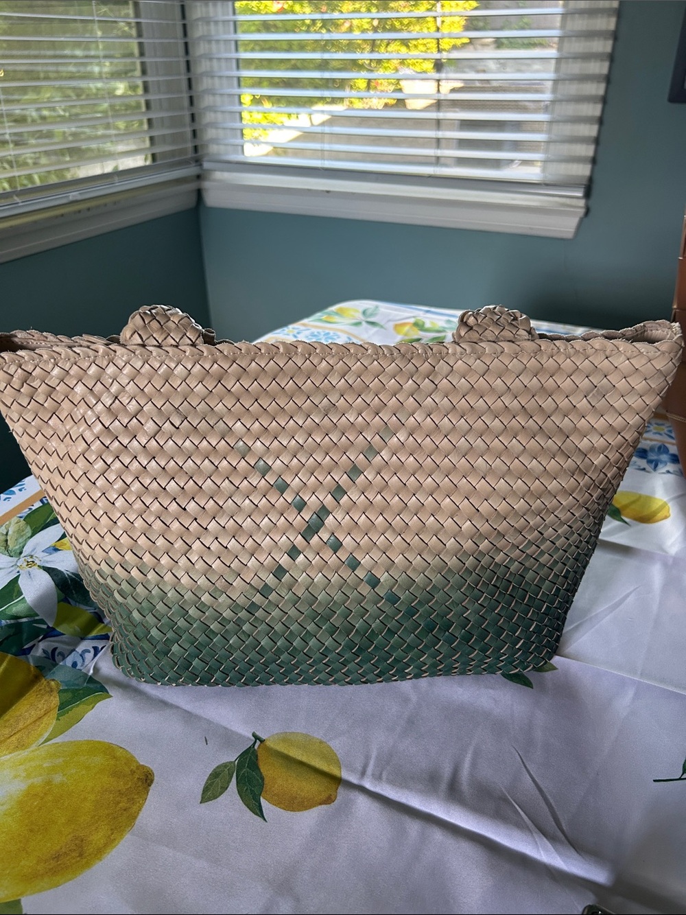Woven Genuine Leather Tote Bag in Beige and Turquoise Ombré - Picture 2 of 4